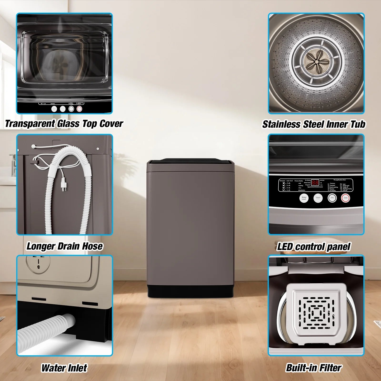 TABU Washer and Dryer Set, 17.6LBS Full Automatic Washing Machine & 8.8LBS Portable Dryer (Gray& White)