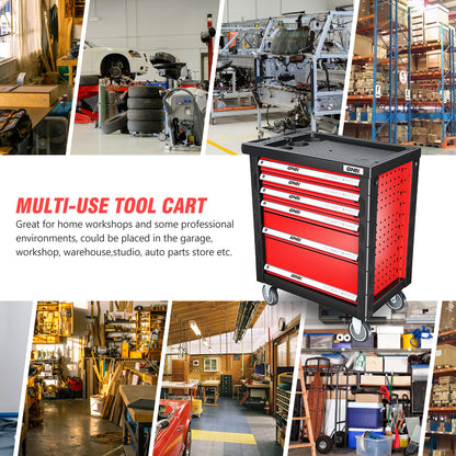 DNA Motoring TOOLS-00395 Garage Warehouse Workshop 6-Drawer Plastic Top Tray Rolling Tool Cabinet Chest With 4 Casters Red