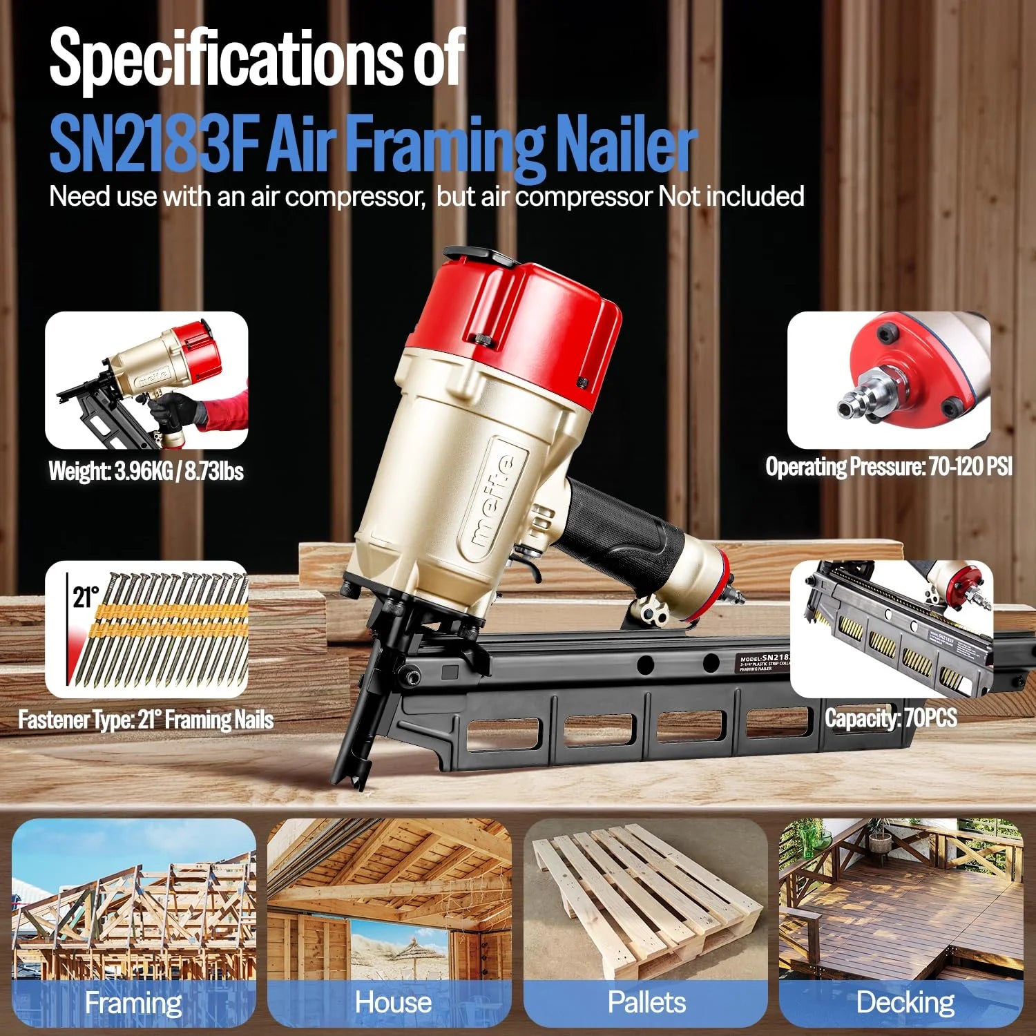 Meite SN2183F Pneumatic Framing Nailer 21 Degree 2" to 3-1/4" Length Plastic Plastic Collated Round Head Framing Nail Gun