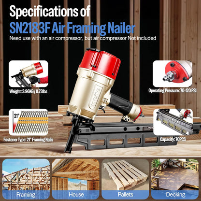 Meite SN2183F Pneumatic Framing Nailer 21 Degree 2" to 3-1/4" Length Plastic Plastic Collated Round Head Framing Nail Gun
