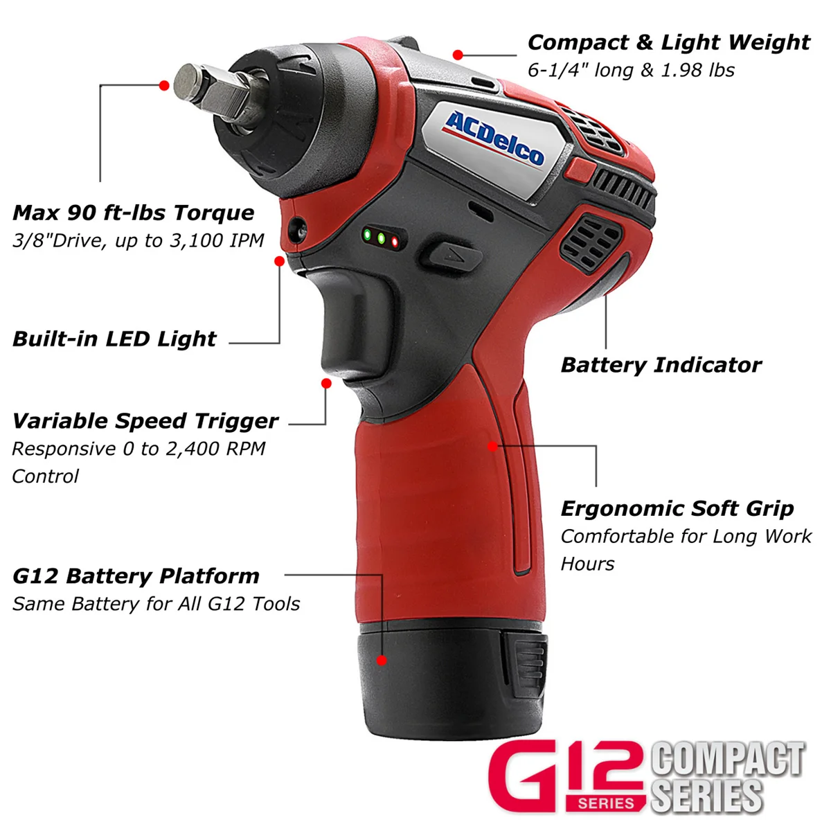 ACDelco ACDelco G12 Series 12V Li-ion Cordless 3/8"? Ratchet Wrench & Impact Wrench Combo Tool Kit