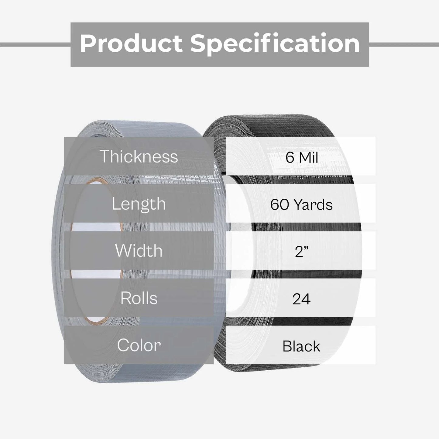 MMBM Duct Tape 2" x 60 Yards Black, 6 Mil Durable Utility Tape for Patching & Box Sealing, 24 Rolls