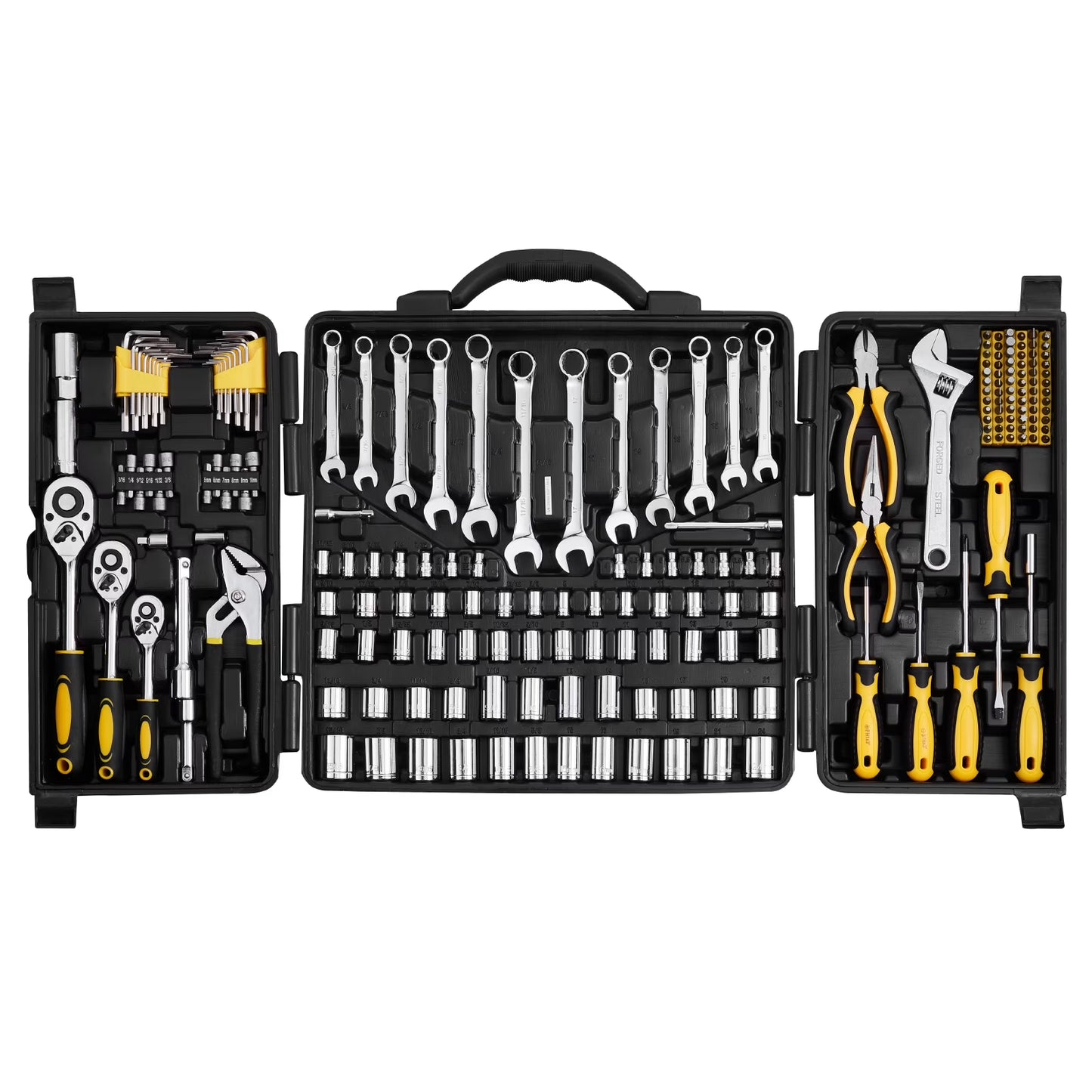 KFFKFF 207-Component Mechanics Tool Set and Socket Set, 1/4" 3/8" 1/2" Drive Sockets, SAE and Metric Mechanic Tool Set with Bits, Spanners, Ratchet Handle, Add-ons, and Hard Plastic Carrying Case
