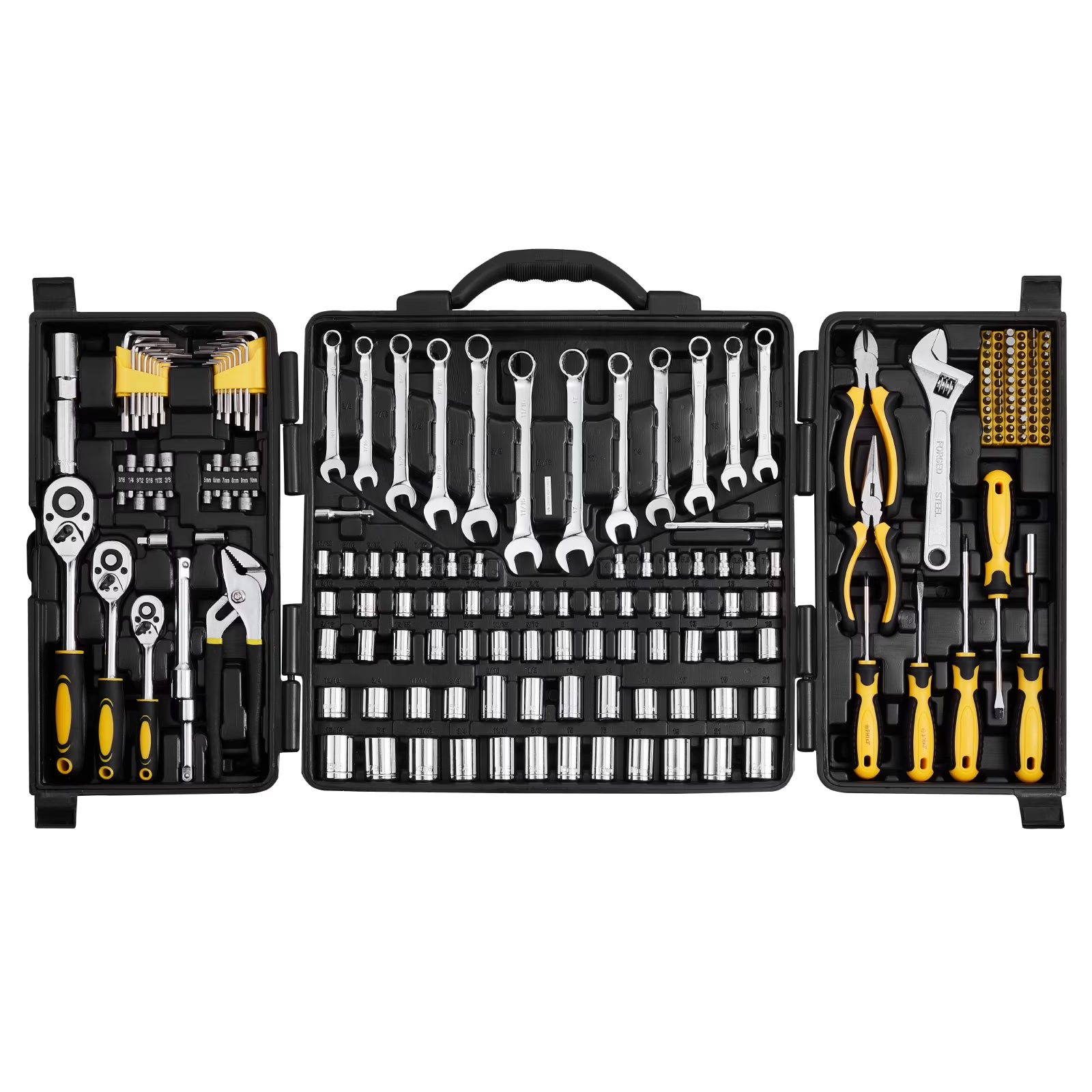 KFFKFF 207-Component Mechanics Tool Set and Socket Set, 1/4" 3/8" 1/2" Drive Sockets, SAE and Metric Mechanic Tool Set with Bits, Spanners, Ratchet Handle, Add-ons, and Hard Plastic Carrying Case