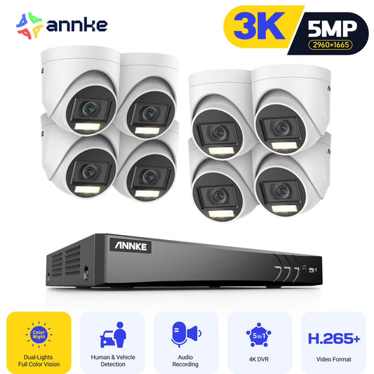 ANNKE 8CH Security Camera System, H.265+ 5-in-1 4K DVR Recorder with AI Human/Vehicle Detection, 8X 3K IP67 CCTV Turret Cameras with Smart Dual Light, Built-in Mic, 100ft Colour Night Vision, NO HDD ?