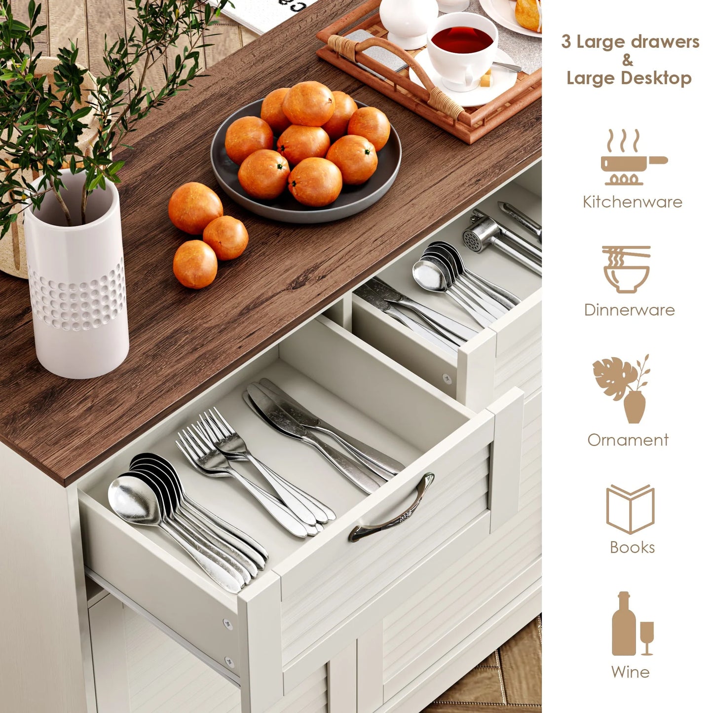 Homfa 53.5'' 3 Drawer Kitchen Buffet Cabinet with Adjustable Shelves, Wood Storage Cabinet with 3 Doors for Dining Room, White