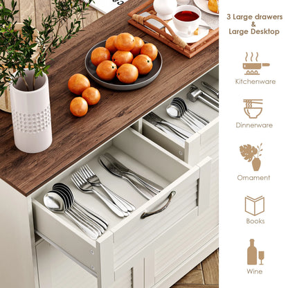 Homfa 53.5'' 3 Drawer Kitchen Buffet Cabinet with Adjustable Shelves, Wood Storage Cabinet with 3 Doors for Dining Room, White