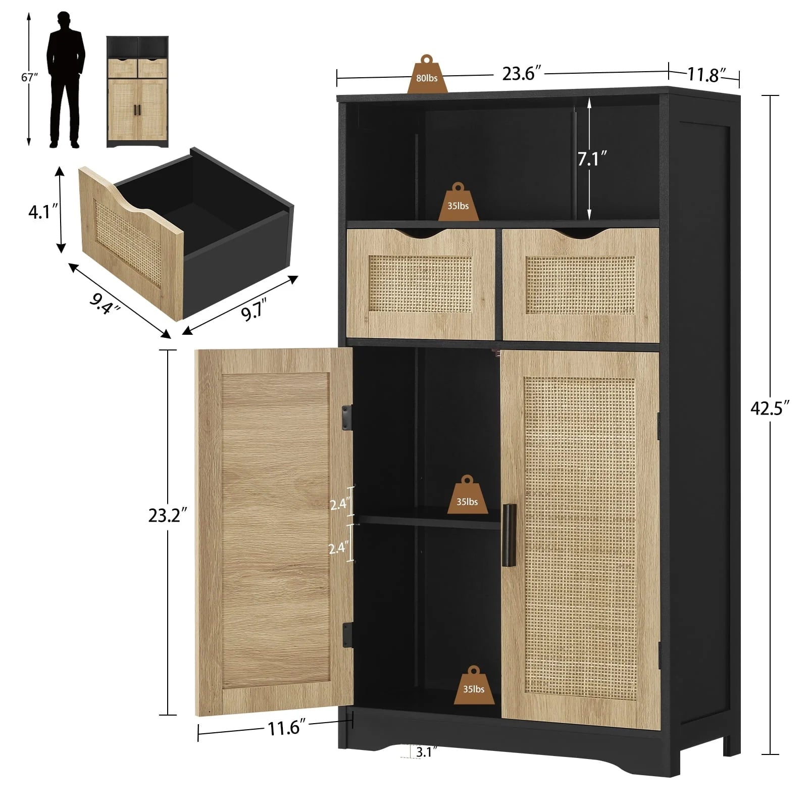 Iwell Rattan Storage Cabinet with 2 Drawers & 2 Shelves, Floor Cabinet for Living Room
