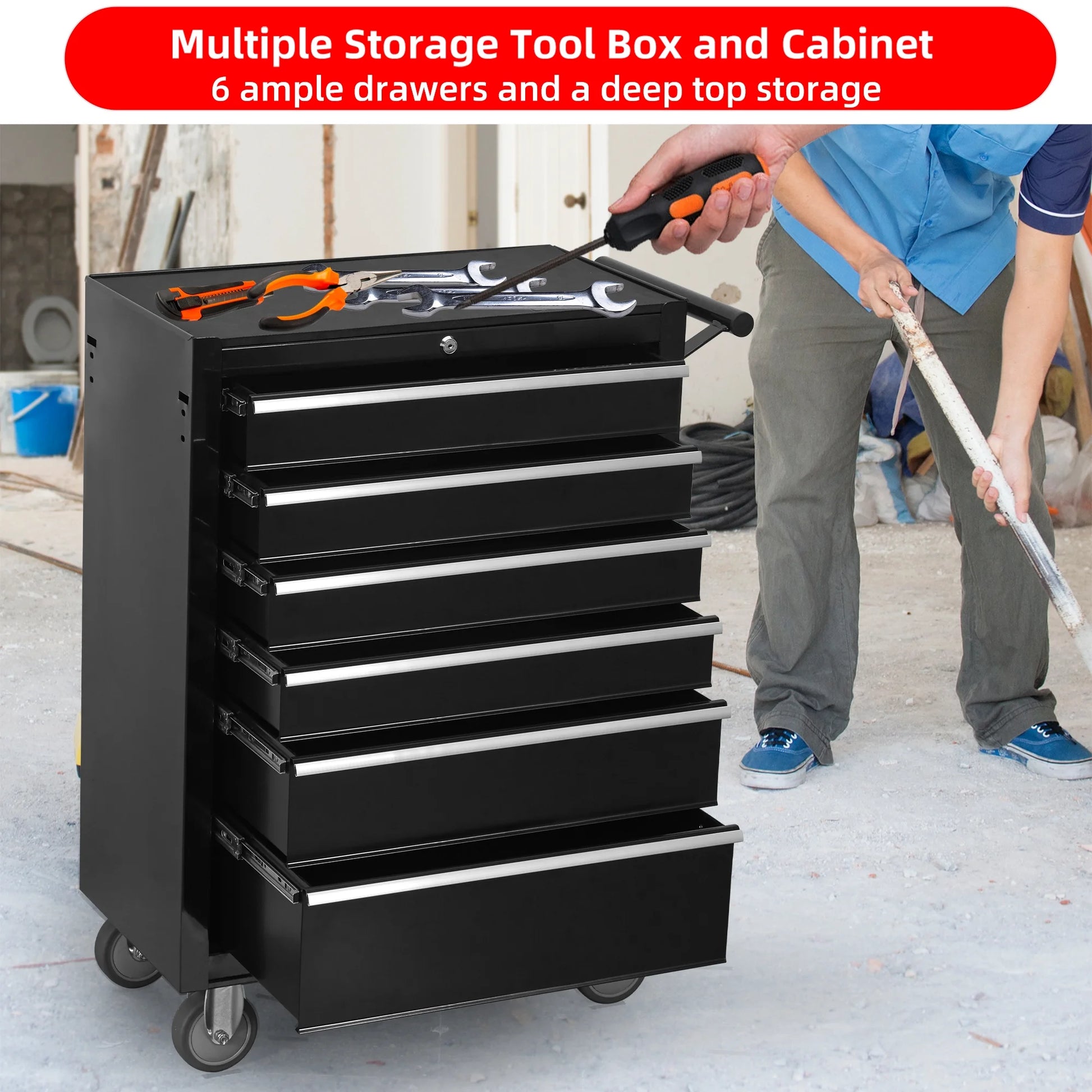 Toperic 6-Drawer Rolling Tool Chest Cabinet with Wheels and Locking Black
