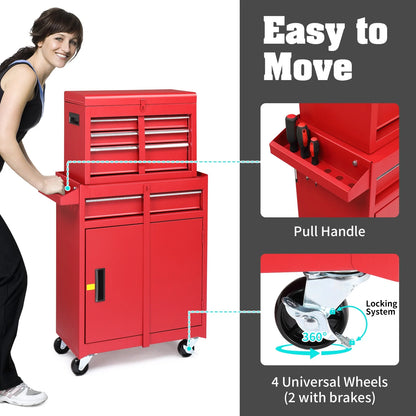 2-IN-1 Tool Chest with Drawers, Seizeen 2-tier Rolling Tool Box & Cabinet Large Capacity with 4 Drawers, Lockable Tool Box Organizer On Wheels, Red