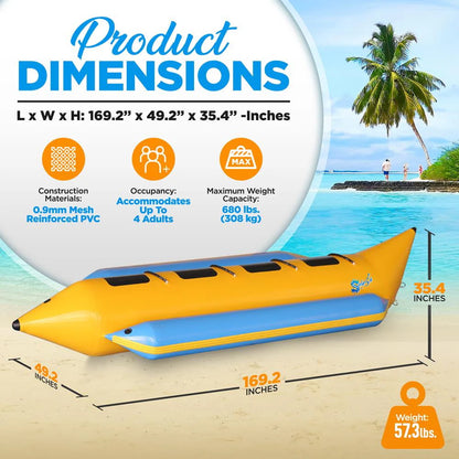 SereneLifeHome 4 Person Inflatable Banana Boat, Includes Storage Bag, Foot Pump, and Repair Kit, Tough and Thick, Reinforced Seats and Foot Areas, Easy Inflation and Deflation
