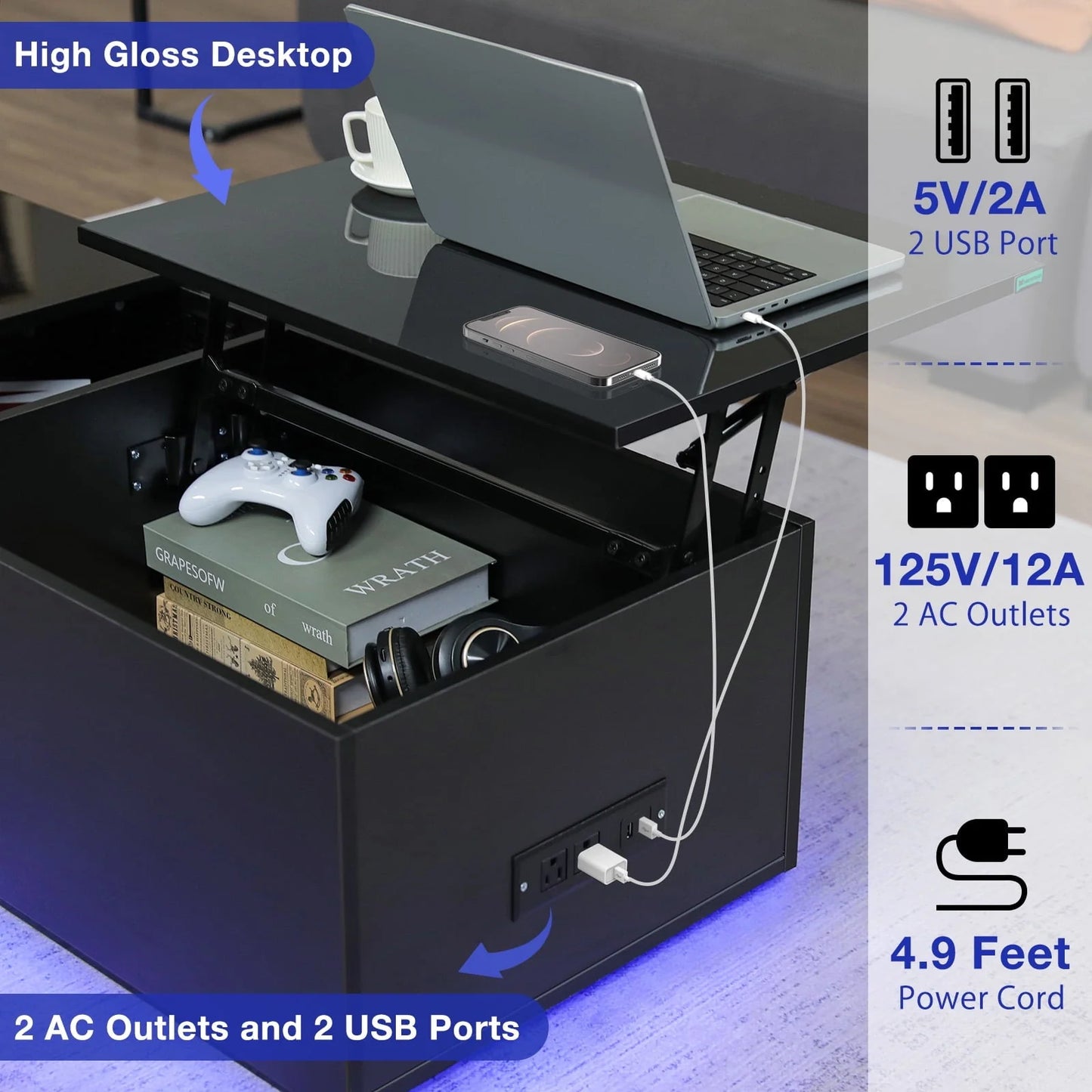 Hommpa LED Lift Top Coffee Table with Charging Station High Gloss Rectangle Center Tea Desk Black Hidden Storage Rising Dining Cocktail Tables Living Room