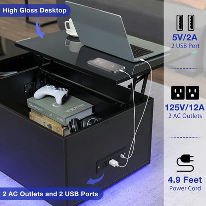 Hommpa LED Lift Top Coffee Table with Charging Station High Gloss Rectangle Center Tea Desk Black Hidden Storage Rising Dining Cocktail Tables Living Room