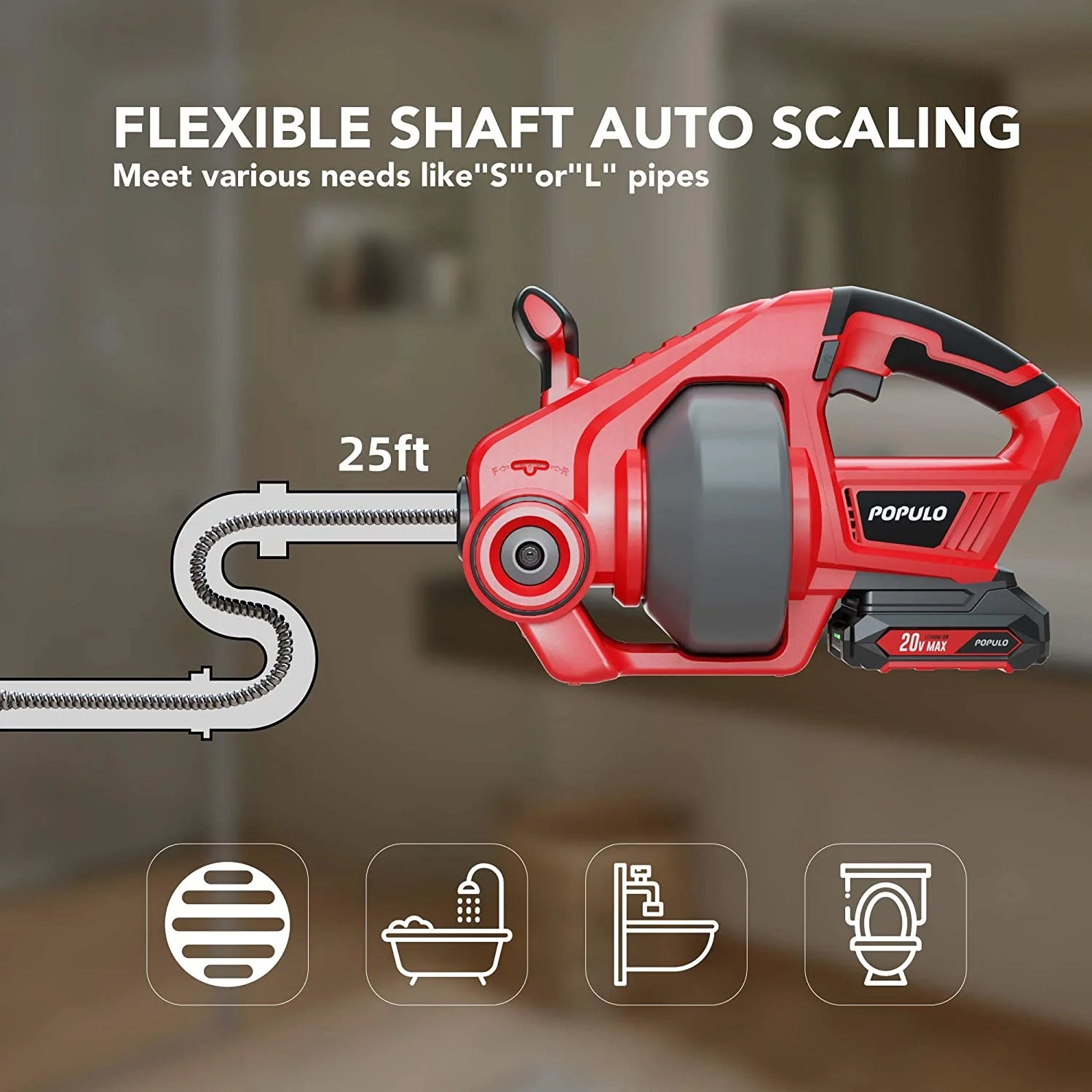 Populo Electric Drain Snake, 25 Plumbing Snake Clog Remover with 2.0AH Battery and Charger