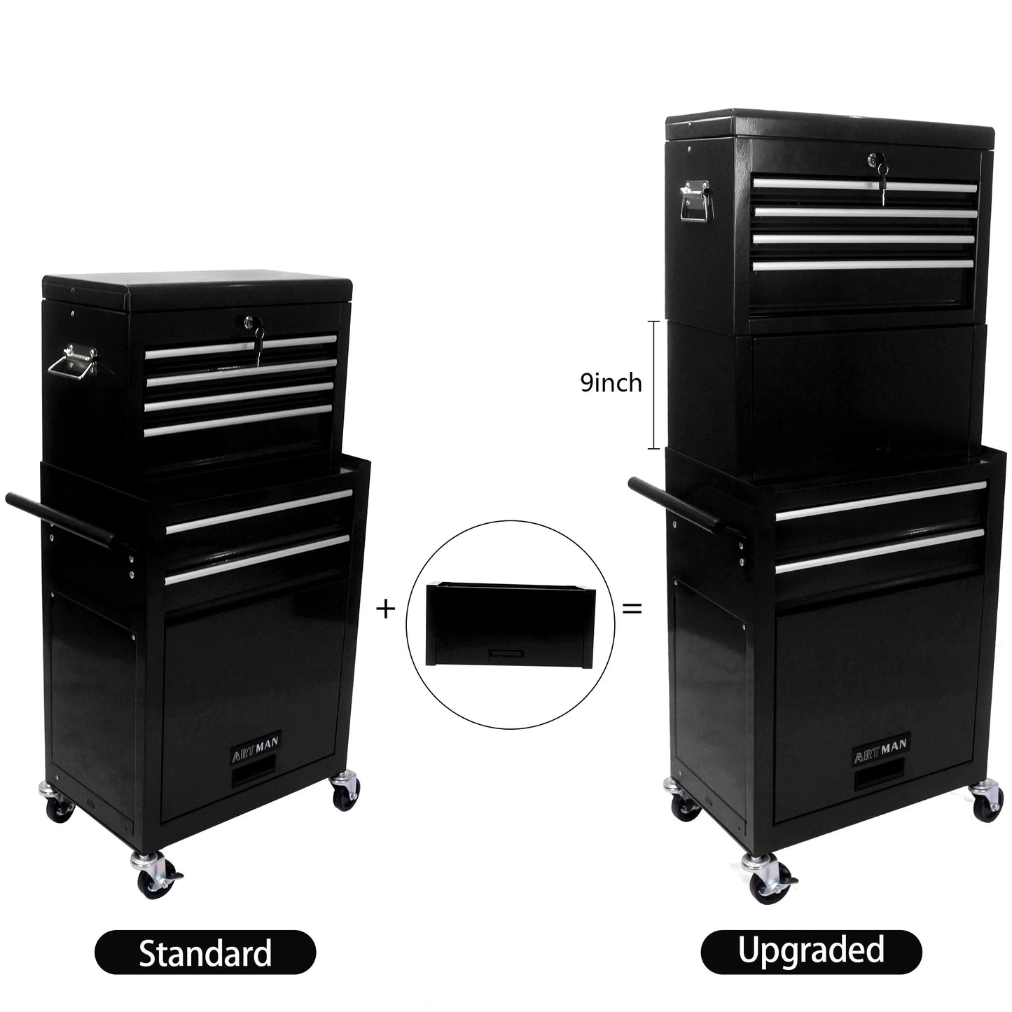 Aukfa Tool Box, 3 in 1 Steel Rolling Tool Chest w/6-Drawers & 2 Cabinet for Garage Workshop, Black