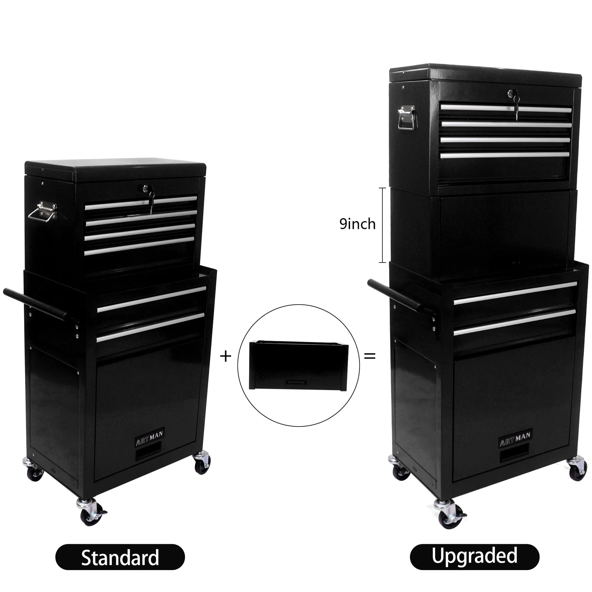 Aukfa Tool Box, 3 in 1 Steel Rolling Tool Chest w/6-Drawers & 2 Cabinet for Garage Workshop, Black