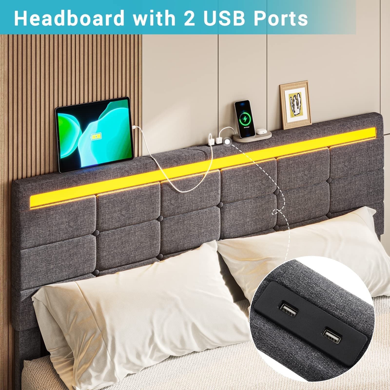 Full Size Bed Frame with 4 Storage Drawers, Platform Bed Frame with 2 USB Ports, Upholstered Bed with LED Headboard Footboard, Square Stitched Button Tufted Design, Dark Grey