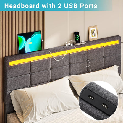 Full Size Bed Frame with 4 Storage Drawers, Platform Bed Frame with 2 USB Ports, Upholstered Bed with LED Headboard Footboard, Square Stitched Button Tufted Design, Dark Grey