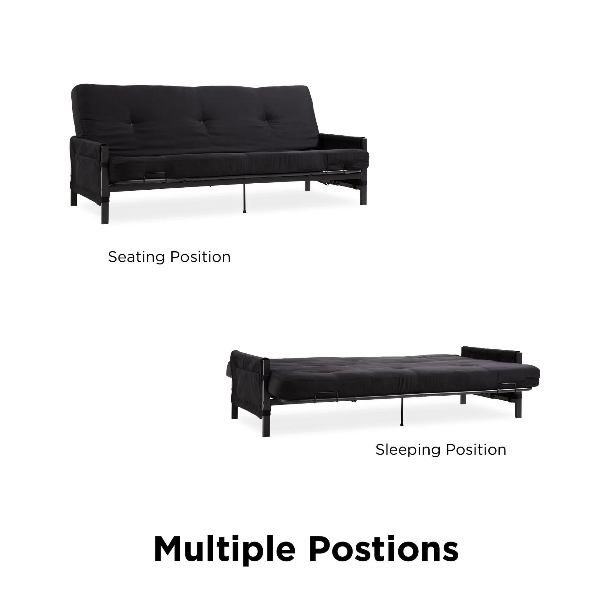 DHP Fairview Futon Set with Black Metal Frame, 6" Mattress and Storage Pockets, Black