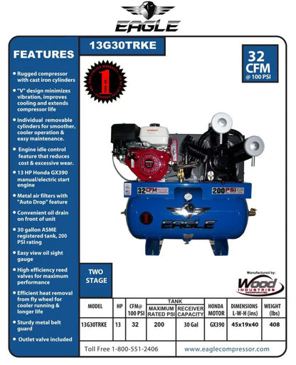 Eagle Compressor 30 Gallon Stationary Gas Air Compressor