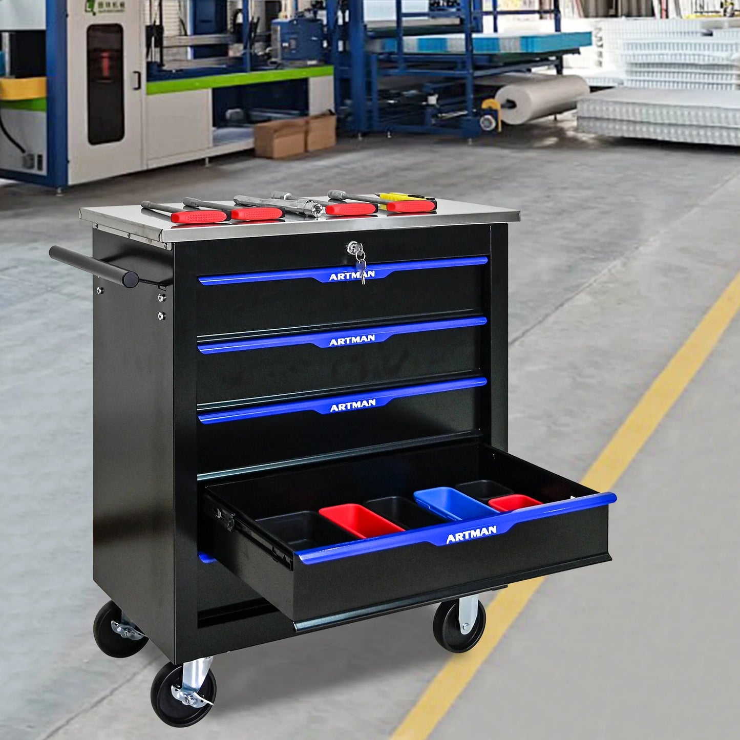 Olurrisa Rolling Steel Tool Chest, 5-Drawer Tool Storage Cabinet with Hanging Holes, Central Keyed Locking System, Lockable Wheels, Tool Organizer Box for Garage & Repair Shop