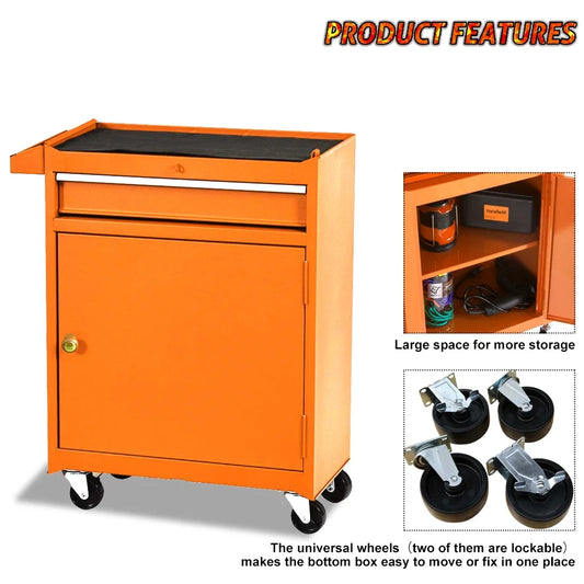 Odaof Tool Storage Cabinet and Chest, Cabinet with 4 Wheels, 5 Drawers, Large Capacity Removable Box with Lock for Garage and Warehouse-Orange