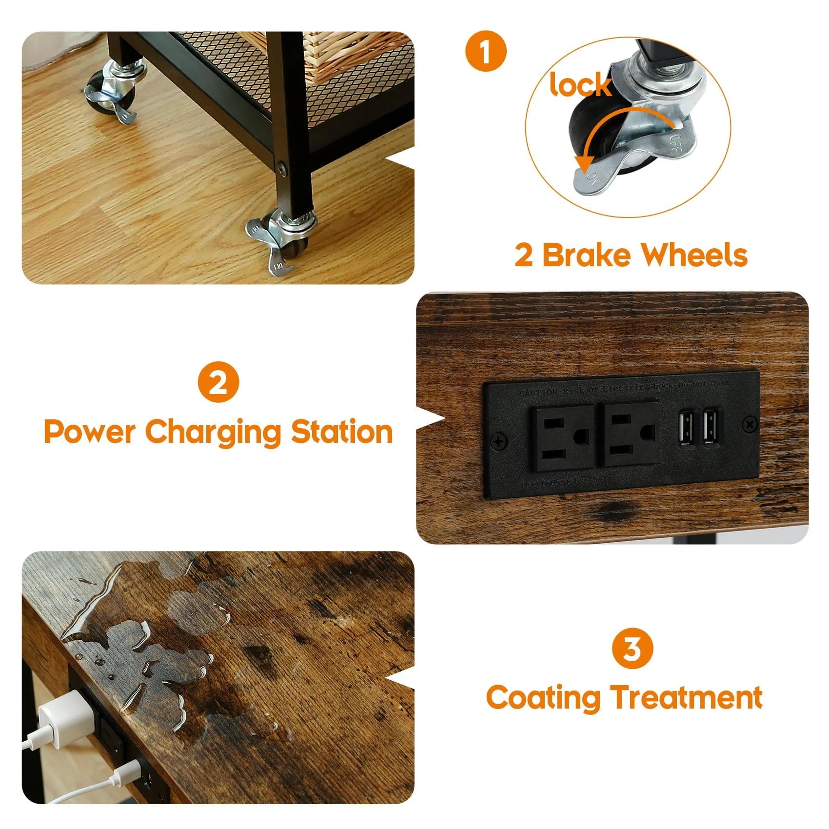 TC-HOMENY End Table with Charging Station & USB Ports, Side Table with Wheels & Storage Shelf Nightstand for Living Room Bedroom, Brown,Wood