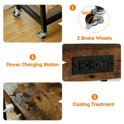 TC-HOMENY End Table with Charging Station & USB Ports, Side Table with Wheels & Storage Shelf Nightstand for Living Room Bedroom, Brown,Wood