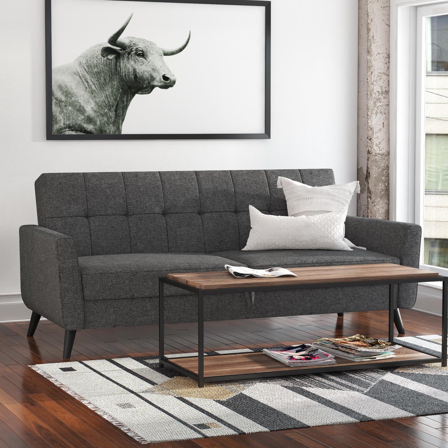 Queer Eye Liam Futon with Storage, Convertible Sofa, Gray Linen