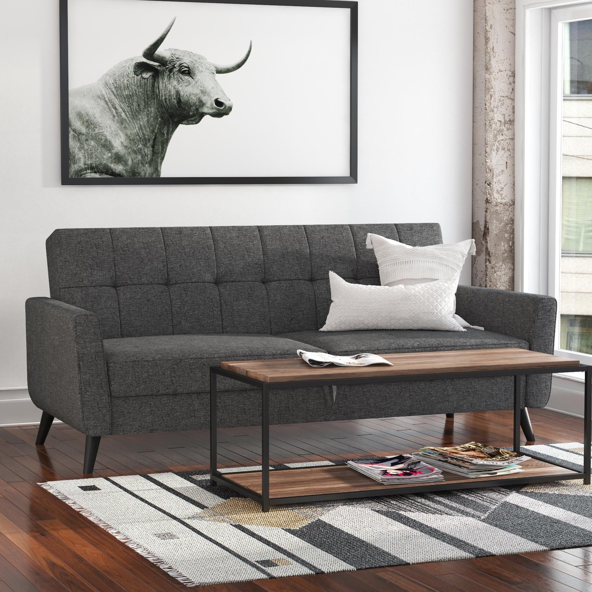 Queer Eye Liam Futon with Storage, Convertible Sofa, Gray Linen