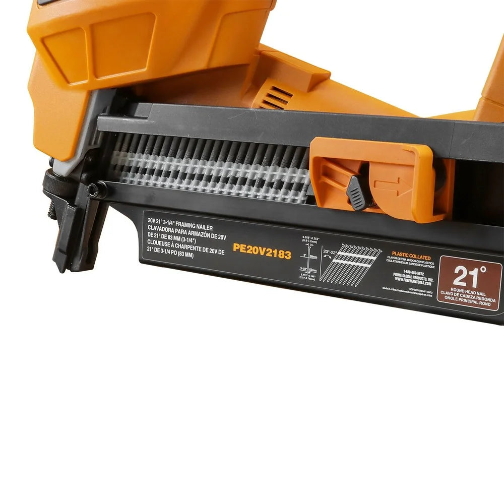 Freeman PE20V2183 20 Volt Cordless and Brushless 21 Degree 3-1/4" Framing Nailer Kit with Lithium Ion Battery, Charger, and Bag - 750 Shots per Charge