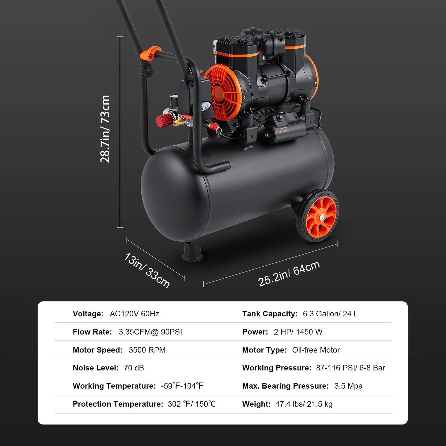 KFFKFF Air Compressor with 6.3 Gallon Capacity, 2 HP 3.35 CFM@90PSI Oil-Free Tank, Max. Pressure of 116PSI, 70 dB Low Noise Level, Ideal for Auto Maintenance, Tire Pumping, Spray Paint Jobs