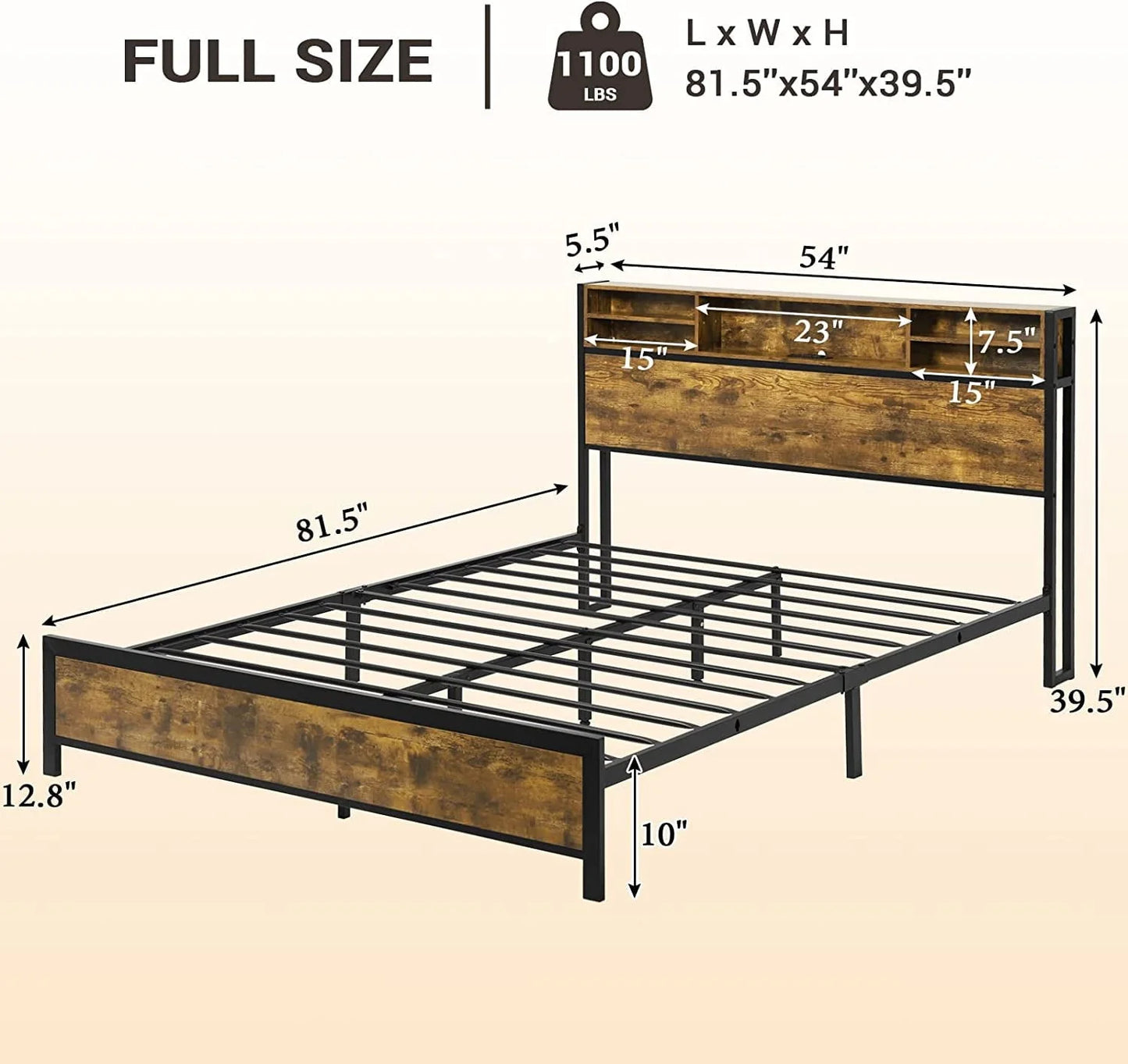 Full LED Bed Frame with Charging Station and Storage Headboard,Full Size Metal Platform Bed with LED Lights, Rustic Brown