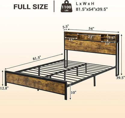 Full LED Bed Frame with Charging Station and Storage Headboard,Full Size Metal Platform Bed with LED Lights, Rustic Brown