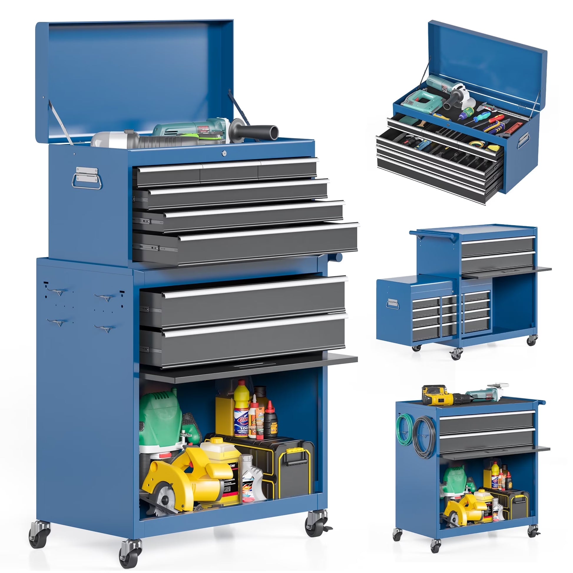 NETAJE Metal Tool Chest, 2 in 1 Steel Rolling Tool Box & Cabinet On Wheels for Garage, Detachable Top Tool Box and Lockable Wheels Metal Tool Cart for Garage, 5-Drawer, Black