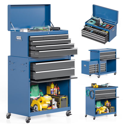 NETAJE Metal Tool Chest, 2 in 1 Steel Rolling Tool Box & Cabinet On Wheels for Garage, Detachable Top Tool Box and Lockable Wheels Metal Tool Cart for Garage, 5-Drawer, Black