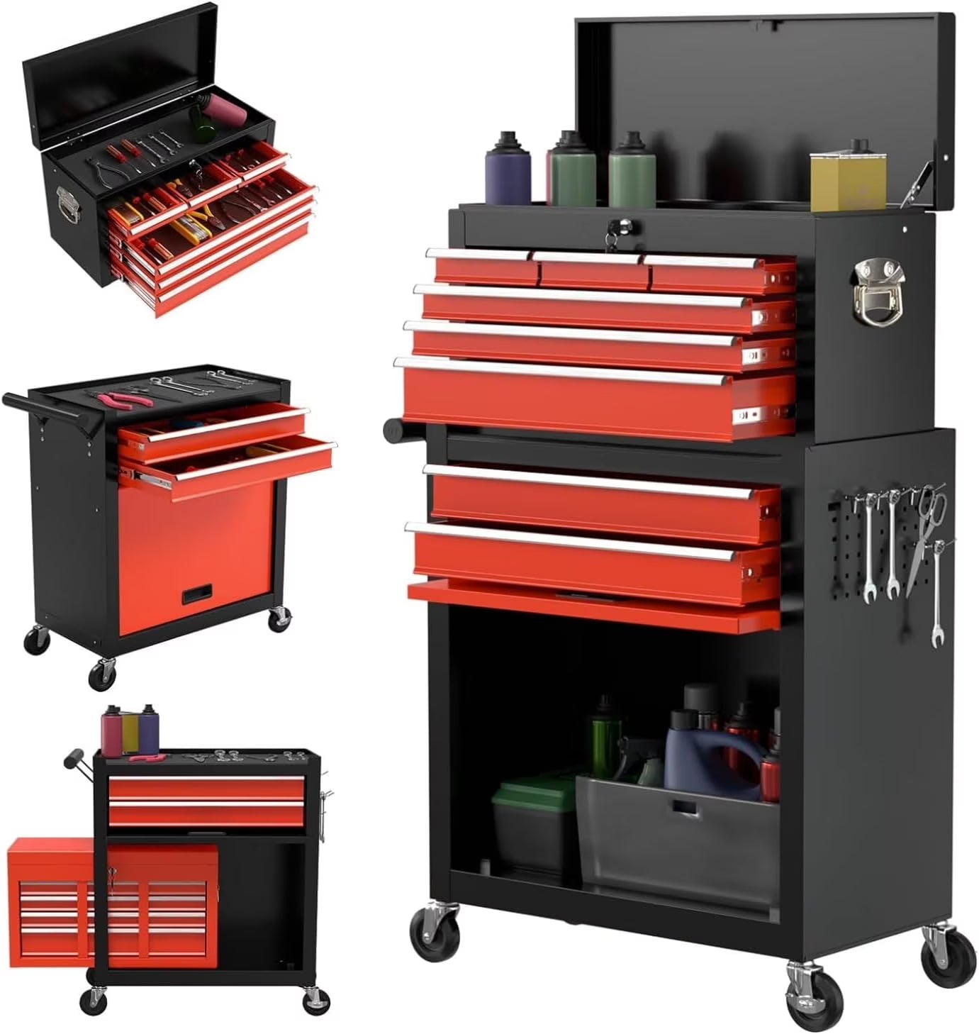 8-Drawer High Capacity Rolling Tool Chest, Removable Cabinet Storage Tool Box with Wheels and Drawers, Detachable Toolbox with Lock for Workshop Mechanics Garage
