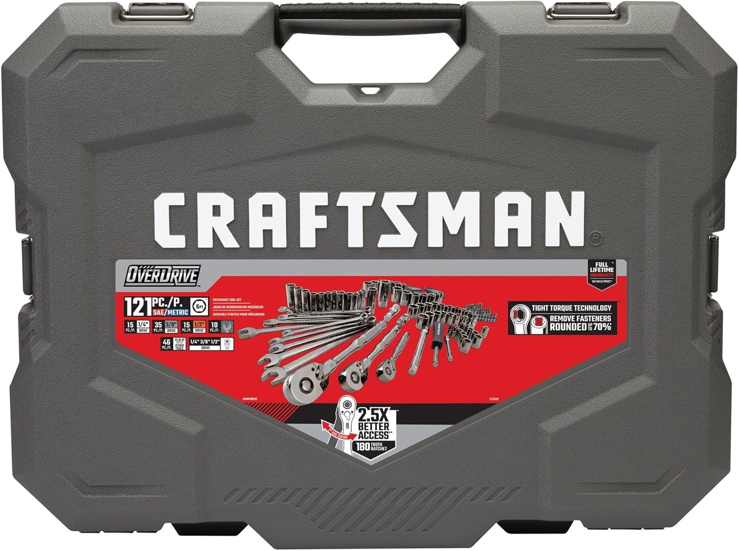 180-Tooth Ratchet Mechanic Tool Set with Gunmetal , 121-Piece Standard SAE/Metric Socket Set Includes Hard