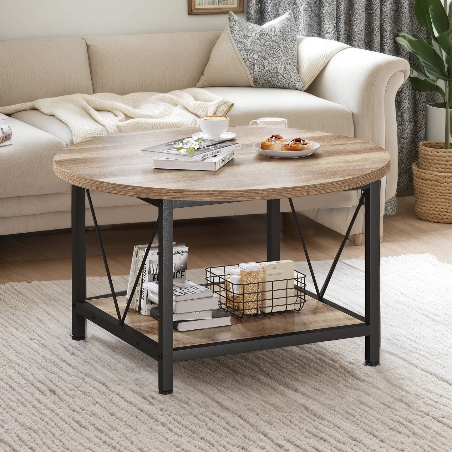Dextrus Round Coffee Table with Storage, Rustic Living Room Tables with Sturdy Metal Legs, OAK