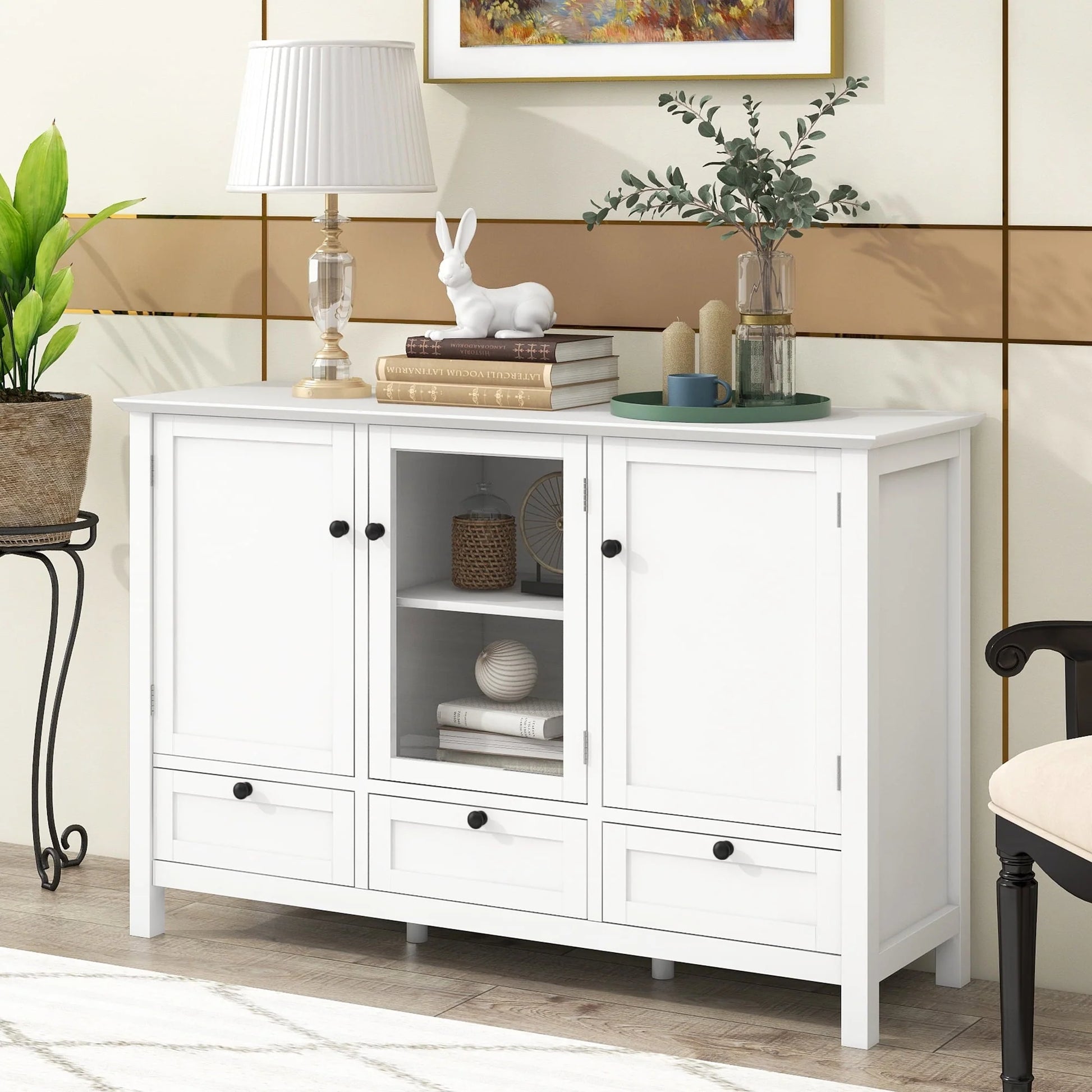 Modern Storage Cabinet, BUG HULL 44.9" Wide Solid Wood Sideboard Buffet Table, Console Table with 3 Doors and Drawers, White