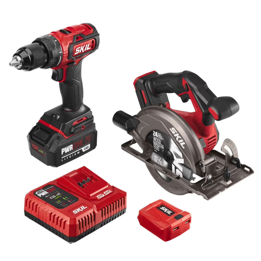 SKIL PWR CORE 20? Brushless 20-Volt Drill Driver and Circular Saw Kit with 4.0Ah Battery and PWR Assist USB Adapter, CB7475-1A