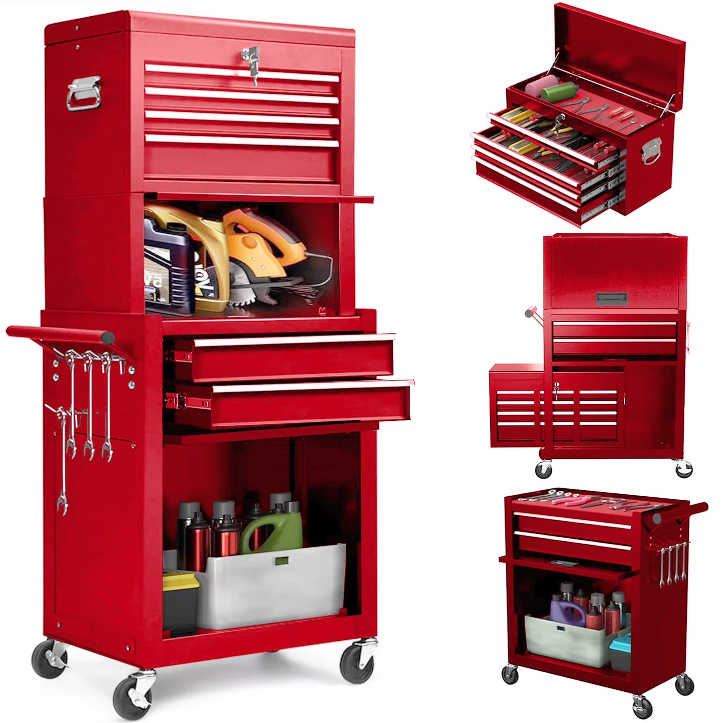 Aukfa Tool Box, 3 in 1 Steel Rolling Tool Chest w/6-Drawers & 2 Cabinet for Garage Workshop, Black