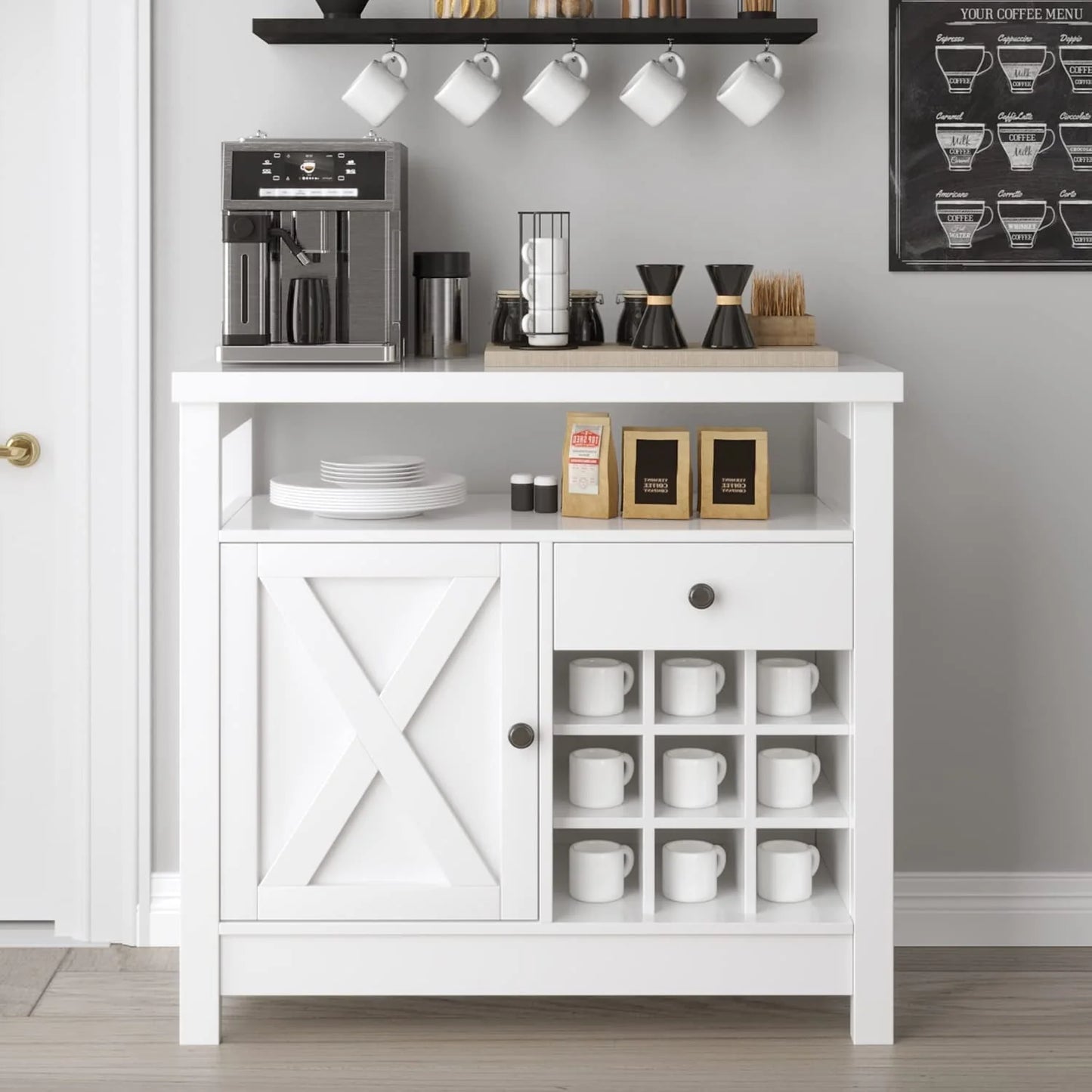 Catrimown Farmhouse Coffee Bar Cabinet, Buffet Sideboard Storage Cabinet with Barn Door and Wine Rack for Kitchen Dining Room, Farmhouse White