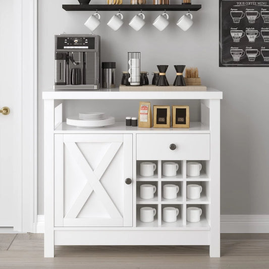Catrimown Farmhouse Coffee Bar Cabinet, Buffet Sideboard Storage Cabinet with Barn Door and Wine Rack for Kitchen Dining Room, Farmhouse White