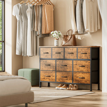 GIKPAL Dresser TV Stand, 10 Drawer Dresser for Bedroom with Power Outlet, Chest of Drawers for 55" Long TV, Fabric Dresser for Storage and Organization, Brown