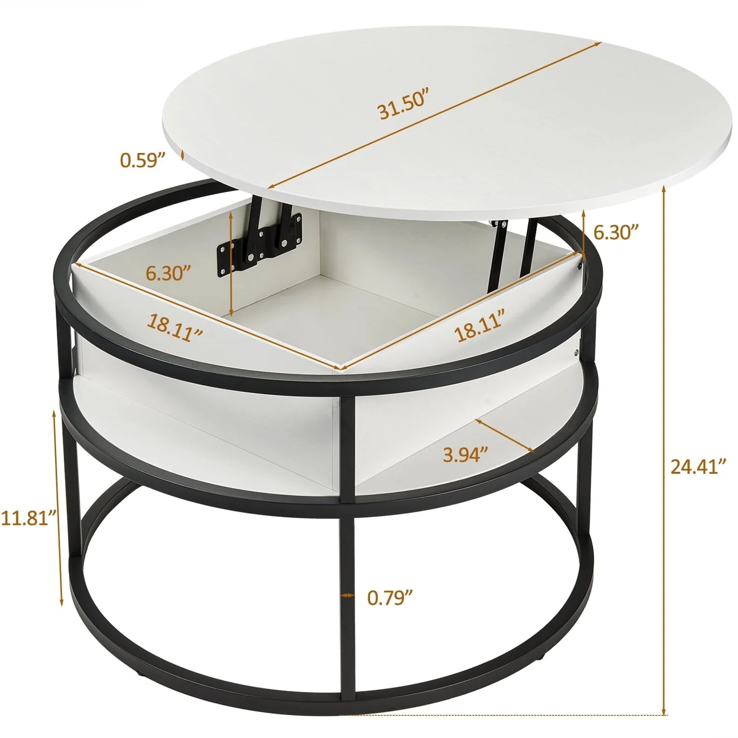Round Lift Top Coffee Table with Storage, Industrial Wood Coffee Table with Metal Frame for Living Room, White