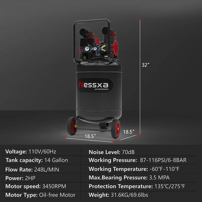 14-Gallon ultra-quiet air compressor 70dB, 2HP horsepower, 8.75CFM flow, maximum 116PSI pressure, oil-free design, 110V voltage, suitable for car repair, painting, and carpentry nailing operations
