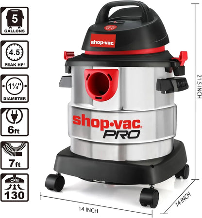 Shop-Vac 5989300, 5 Gallon, 4.5 HP Electric Corded Wet/Dry Vacuum Cleaner for Garage, Silver
