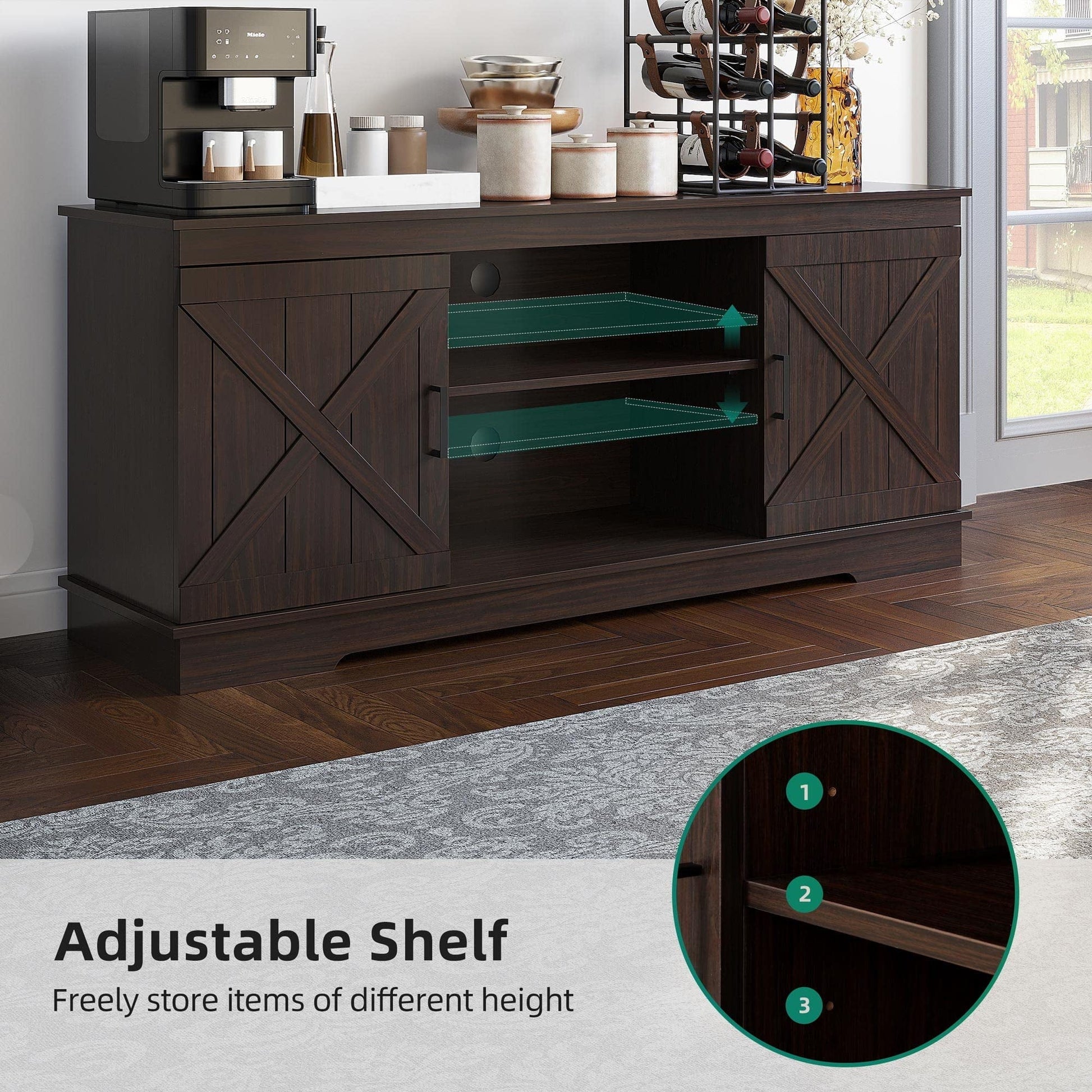 DEXTRUS Farmhouse Storage Cabinet, Buffet Sideboard with Barn Door for Dinning Living Room, Espresso