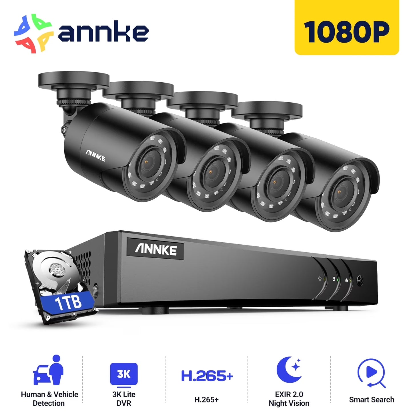 ANNKE 1080P H.265+ Home Security Camera System,3K 8CH Surveillance DVR and 4Pcs 1080p Weatherproof CCTV Camera,AI Human/Vehicle Detection, Remote Access,2TB HDD